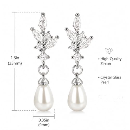 Pearl Earrings for Women, 14k Gold Plated Trendy Diamond Pearl Drop Earrings Hypoallergenic Dainty Bridal Gifts Wedding jewelry for Women - color: B—Silver