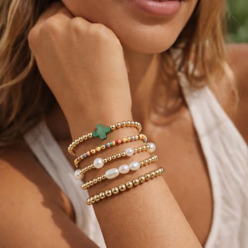Gold Beaded Cross Bracelet for Women, 14K Plated Adjustable Stackable Dainty Bracelets, Non Tarnish Fashion Jewelry Set Gifts for Women Birthday Friendship - color: Colors-2