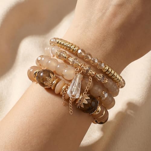 Bohemian Bracelet Sets for Women - 4-Pack Stackable Stretch Bead Bracelets with Black＆White Crystal & Gold Accessories, Multi-Layer Boho Jewelry - color: liaght a'pricot