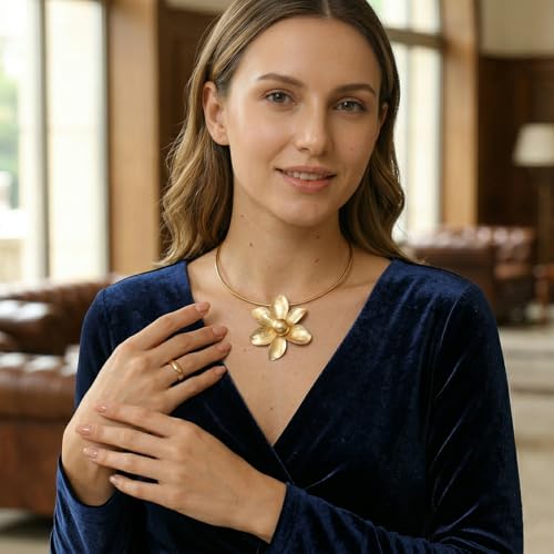 GelConnie Long Necklaces for Women Boho Large Pendant Necklace Casual Bohemian Brown Leather Choker Sweater Circle Statement Stone Necklace - style: Flower Gold Necklace