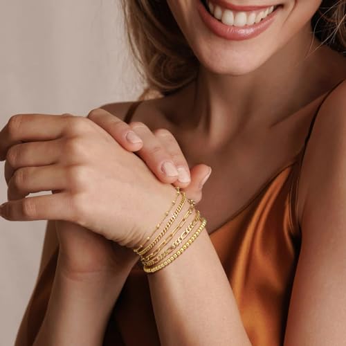 adoyi Gold Bracelets for Women, 14K Gold Plated Stackable Bracelet Stack Set Adjustable Charm Paperclip Chain Cuban Link Layered Waterproof Jewelry Sets Gifts for Womens - color: Gold 7.2 IN Large Wrist