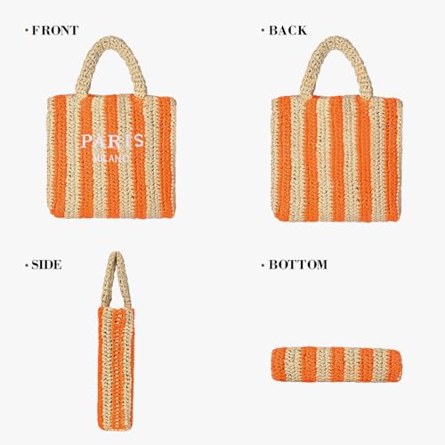 Straw Beach Bag for Women Summer Woven Tote Bag Packable Straw Purses and Handbags for Vacation Holiday - color: S-orange