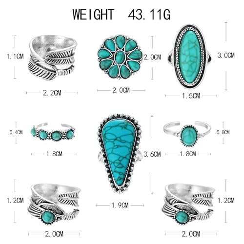 Bohemian Turquoise Ring for Women Stackable Vintage Chunky Boho Turquoise Ring Set Dainty Open Gemstone Knuckle Midi Finger Rings Western Statement Rings Jewelry - style: eight Water drop
