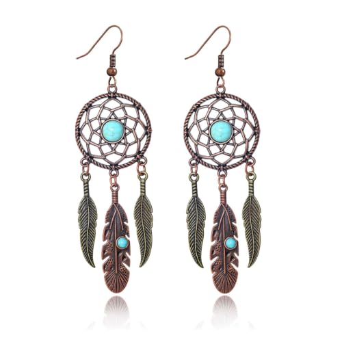 Boho Turquoise Drop Earrings Retro Long Copper Feather Tasse Metal Leaf Dangle Earrings Vintage Country Western Jewelry Cowgirl Ethnic Style Geometric Concert Festival Accessories for Women - color: Brown Green