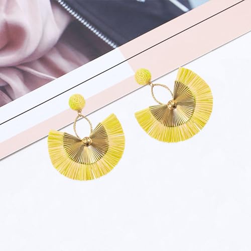 Anmpab Straw Fan Bohemian Tassel Earrings for Women Trendy Colorful Fringe Summer Beach Statement Earrings - color: Yellow