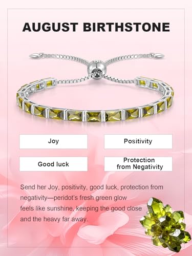 Radiant Cut Birthstone Tennis Bracelets for Women, Adjustable 6–9 Inches White Gold Plated Sterling Silver Bracelet, Hypoallergenic Anniversary Birthday Valentine’s Day Gift for Her - color: 08-Peridot