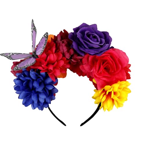 Flower Crown Day of the Dead Headpiece Mexican Flower Butterfly Halloween Headbands Flower Crown for Halloween Party - color: Multicolor-1