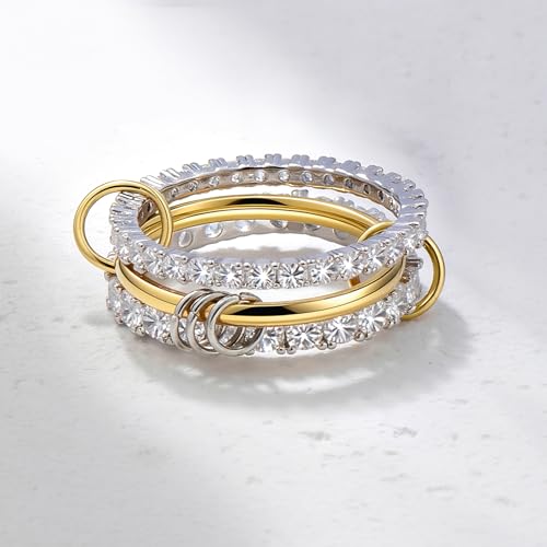 18K Gold Plated Stackable Rings for Women with Gift Box – Silver & Gold Multi-Link Connected Bands Set,Cubic Zirconia Mixed Metals Rings, Tarnish-Resistant Jewelry - color: three rings set, size: 8