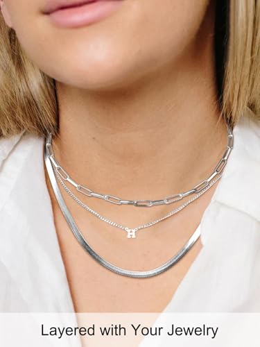 FOCALOOK 14K Gold Plated Necklaces for Women, Fashion Herringbone Choker Necklace Stainless Steel Flat Snake Chain 3/5MM(W) 12.5"/15"/18"+3.5"(L) - color: 5MM-Silver-15"