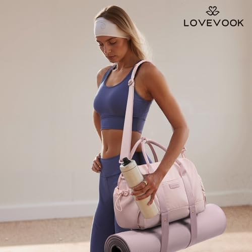 LOVEVOOK Small Gym Bag for Women with Yoga mat Holder, Mini Duffle Bag for Travel with Wet Pocket, Overnight Personal Item Bags, Lightweight Carry on Weekender Duffel for Workout, Dance, Ballet - color: Pink, size: 14.5 inch-Small-2Pcs