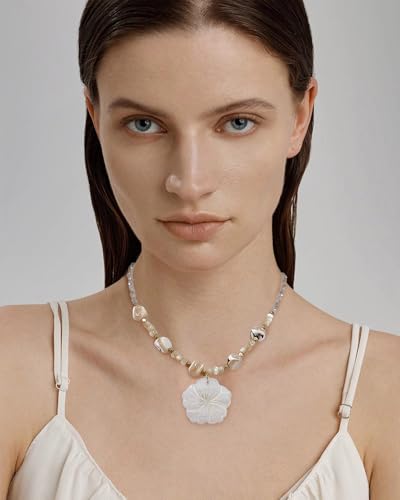 NewZenro Boho Shell Flower Beaded Pendant Necklace for Women Dainty Floral Natural Stone Choker Necklaces Adjustable Chain Fashion Summer Holiday Patry Jewelry for Her