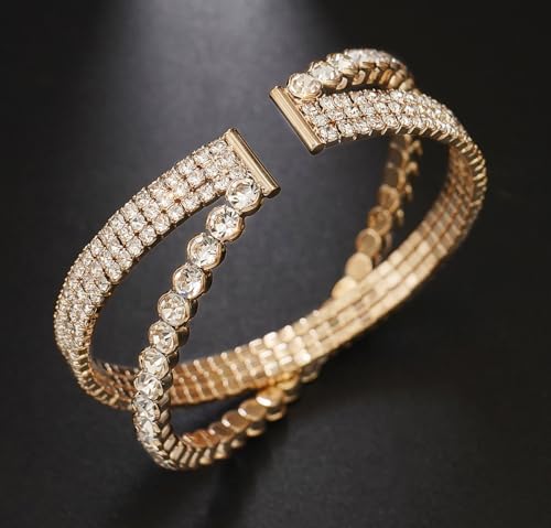 Rhinestone Bracelet for Women MultiLayer Crystal Cuff Bracelet Strand Layered Bracelet - color: Gold 8