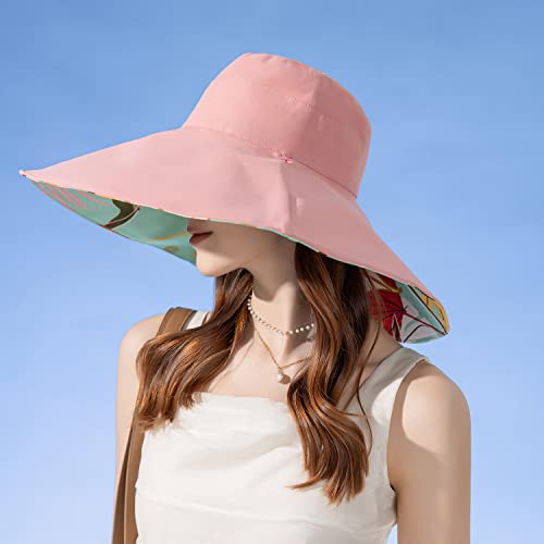 HUAMULAN Women Summer Sun Hat Wide Brim Wired Edge Floral Beach Bucket Hats Reversible Foldable Travel UV Protection Lady Hat - color: Bg8240-pink