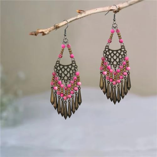 Handmade Vintage Bronze Bohemian Long Tassel Colorful Bead Dangle Drop Earrings Big Tribal Chandelier Geometry Hook Earrings for Women Statement Jewelry Gifts - color: Pink