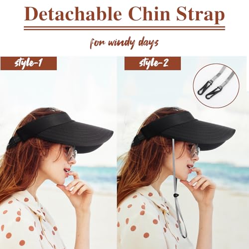 Sun Hats for Women - Wide Brim Sun Visor Hat for Women, UPF50+ Lightweight Foldable Ponytail Sports Cap - color: Black