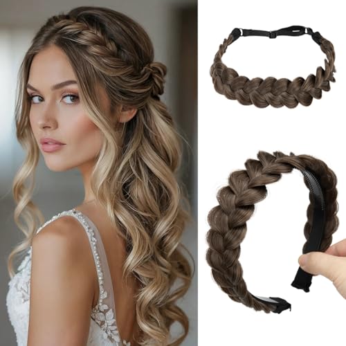 CJL HAIR 2PCs Braided Headbands Hair Piece for Women Synthetic Hair Hoops Head Bands Handmade Braid Hairband Accessories Elastic Stretch Headwrap Coffee Brown - color: 2PCS-Coffee Brown