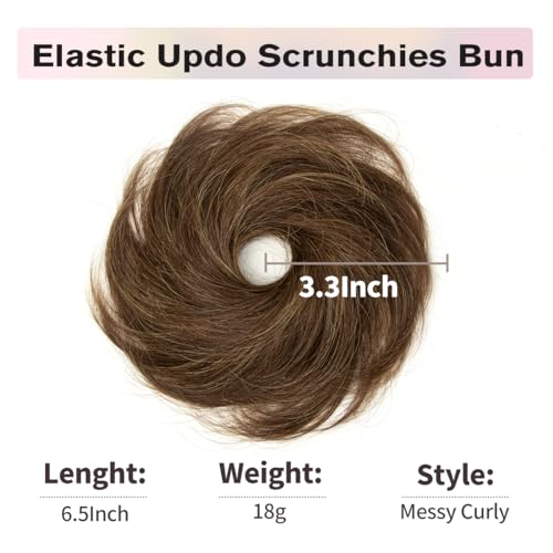 Highlight Brown Hair Bun, Messy Bun Hair Piece, Soft Fluffy Elastic Scrunchie, 30s Easy Updo for Women & Kids, Ideal for Daily Wear, Ballet, Dance & Office Use - color: Honey Brown Highlights, size: 4 Inch