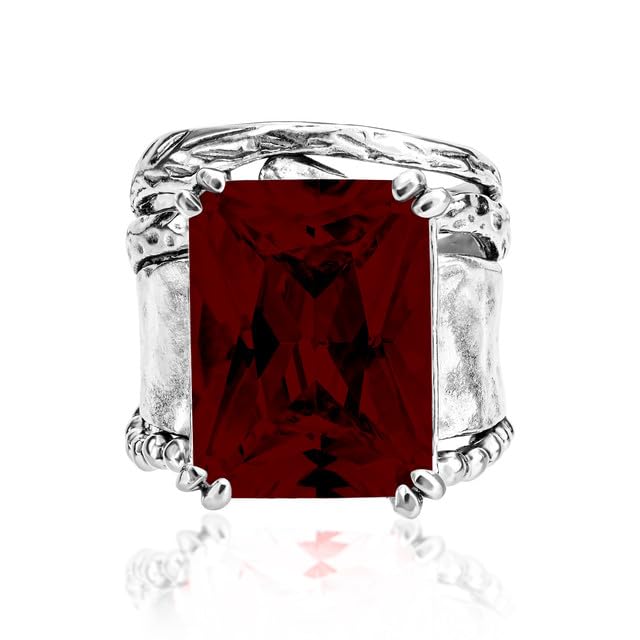 JEAN RACHEL JEWELRY 925 Sterling Silver Ring - Hammered Vintage Design with Octagon Shaped Cubic Zirconia - Hypoallergenic, Lead & Nickel Free - Artisan Handcrafted Statement Rings for Women - color: Garnet CZ