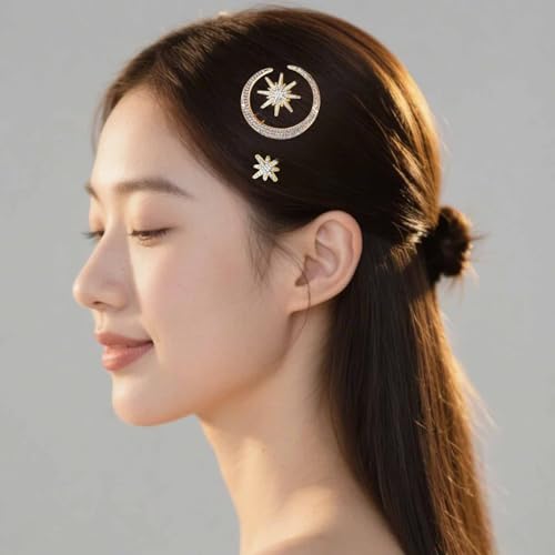 3 Pack Moon Star Hair Clips Gold Celestial Crystal Hairpins Hair Accessories for Women Bridal Wedding Party Festival Boho Style Hair Jewelry