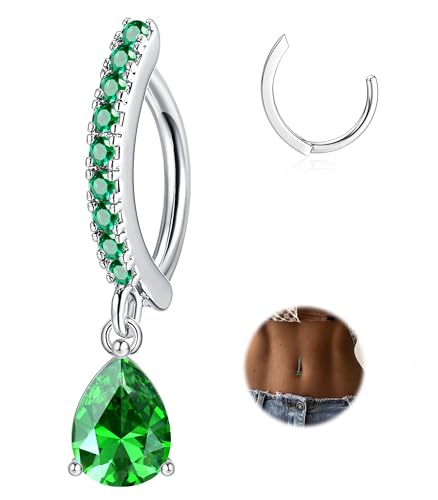 FIBO STEEL 14G Clicker Belly Rings 316L Surgical Steel Dangle Belly Button Ring CZ Teardrop Pendant Navel Rings Barbell Body Piercing Jewelry - color: Green