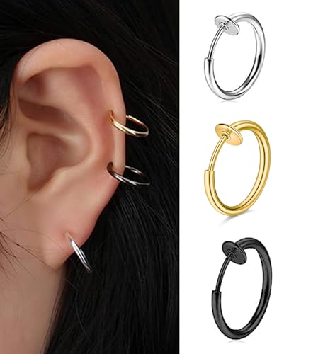 MODRSA Fake Nose Stud Fake Nose Ring Stud Fake Nose Piercing Fake Lip Ring Fake Earrings Stud Silver Gold Fake Cartilage Helix Earring Clip on Earring Hoop Fake Eyebrow Ring Fake Bridge Piercing - color: C3-hoops- silver black gold