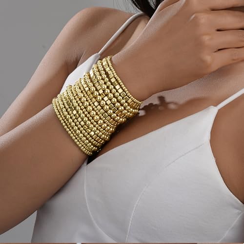 ÌF ME 16 PCS Gold Bead Bracelet for Women, Gold Beaded Stretch Plated Stackable Strand Bead Ball Bracelets stack Adjustable Jewelry Set for Gifts - color: 16 PCS Gold