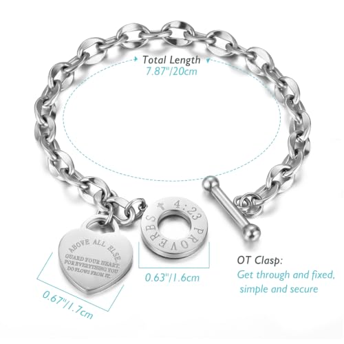 Emibele Heart Charm Bracelet for Women, Bible Verse Bracelet Stainless Steel 18K Gold Plated Bracelet Love Pendant Link Chain OT Clasp, Birthday Christmas Jewelry Gift for Mother Her - color: Silver Heart
