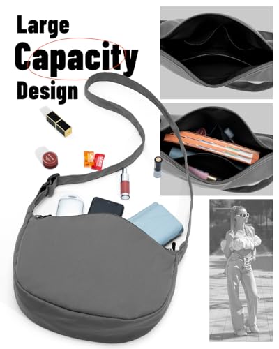 Crossbody Crescent Bag for Women Men Trendy, Crescent Sling Bag with Adjustable Strap, 2 Zippers Lightweight - color: Grey