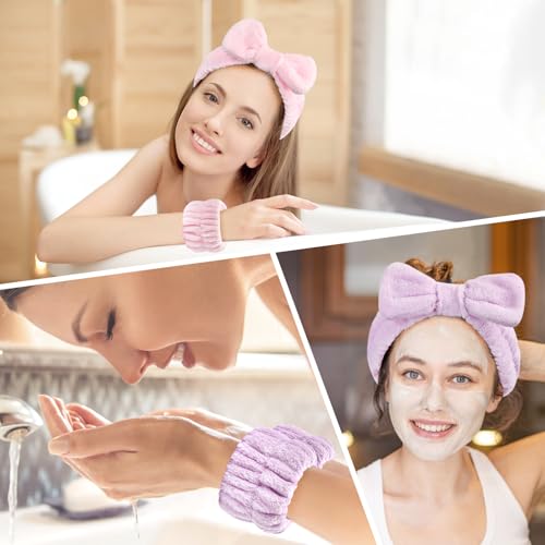 Dorbetar 6Pack Headband and Wristband Set for Washing Face, Spa Skincare Makeup Headband, Soft Puffy Hair Band Bow Tie, for Women and Teen Girl Trendy Stuff Gifts - color: Pink+purple