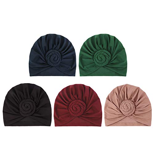 DRESHOW 5 Pack Knotted Headwraps for Women African Turban Pre-Knotted Beanie Headwraps Hair Covers - color: 5 Pack Donuts: Tan, Black, Navy, Green, Wine