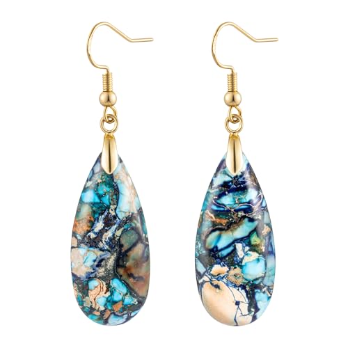Stone Drop Earrings for Women Earrings Teardrop Jasper Stone Dangle Earrings - color: Dark Blue&Blue-Golden Hook