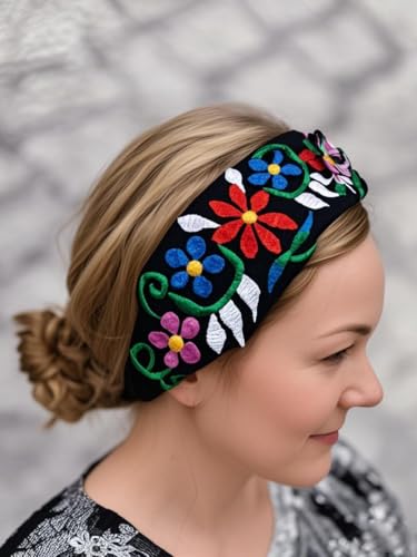FANFAN Women's Mexican Handmade Embroidered Boho Headband – Elastic Floral Adjustable Hair Band for Weddings, Trendy Headwear for Evening Parties & Daily Wear E9 (Black, One Size) - color: Black