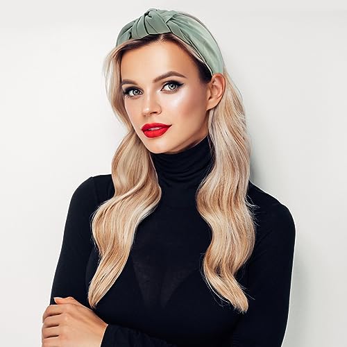 VELSCRUN White, Green 2 Pack Women's Satin Knotted Wide Non-Slip Elastic Turban Fashion Headbands for Hair Styling Accessories - color: Beige,Green