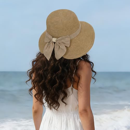 Beach Hats for Women Summer Straw Sun Hats Wide Brim Hat Foldable Packable for Travel Vacation - color: Khaki
