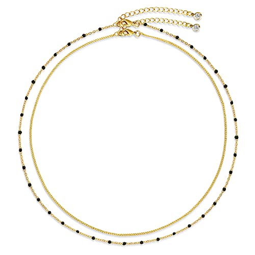 CHESKY 14k Gold Plated/Silver Plated Dainty Necklace for Women, Trendy Satellite Choker Necklace Thin Beaded Layered Choker Necklaces Discs Paperclip Chain Necklaces Womens Simple Jewelry - style: black beads
