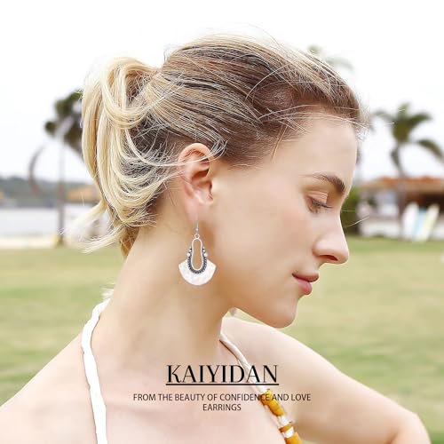 Silver Dangle Earrings For Women Trendy,Boho Cute Drop Western Earings,Vintage Gothic Ethnic Statement Beach Vacation Long Earrings with Leaf Teardrop Turquoise Crystal Tassels,Fashion Jewelry Birthday Gift. - color: A1) Silver Fan Shaped
