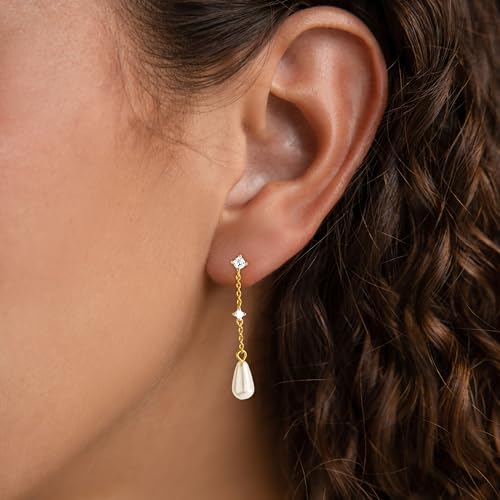 Gold Earrings for Women Trendy, Simple Dainty 14K Gold Plated Paperclip Square Chain Link Dangle Hoops Earrings Pin Stud Huggie Earrings Lightweight Hypoallergenic Minimalist Aesthetic Gold Jewelry for Christmas Gifts - color: tearldrop long pearl-gold