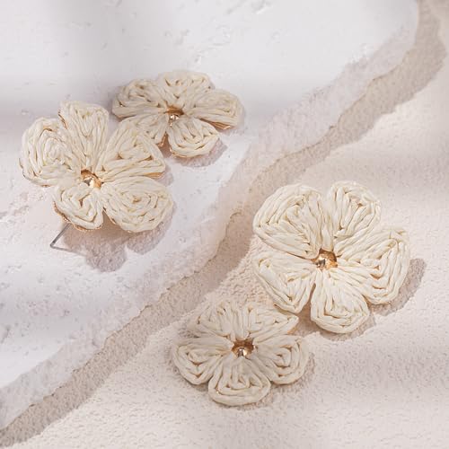 Boho Flower Earrings Statement Raffia Dangle Earrings Cute Floral Jewelry Trendy Summer Beach Vacation Outfits for Women - color: Ivory