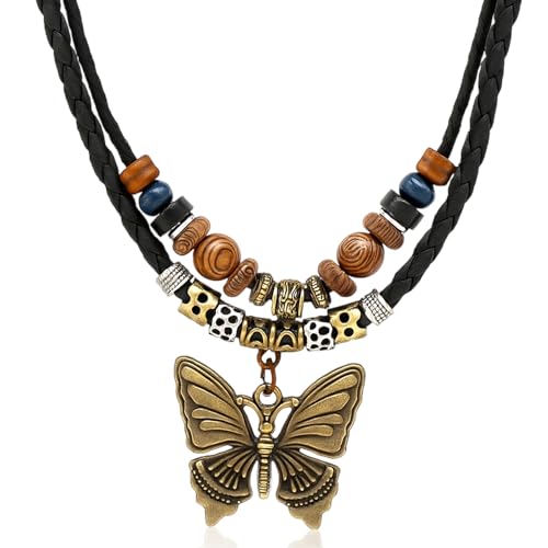 Boho Necklace for Women,Vintage Butterfly Pendant Necklaces,Adjustable Wooden Beads Layered Braided Choker,Fashion Tribal Style Leather Rope Necklace Jewelry,Chunky Statement Gift for Women - color: Black