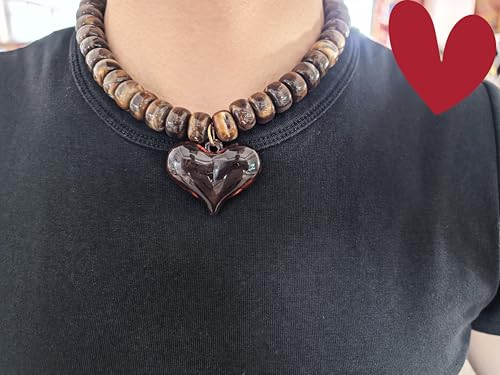 Chunky Colorful Beaded Statement Boho Summer Beach Chokers Necklace Heart Pendant Pink Green Yellow Brown Fashion Jewelry - color: brown3