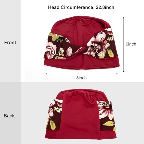 Women Knot Slouchy Beanie Chemo Hat Twist Stretch Cancer Head Wraps Sleep Head Scarf - color: Wine Red Flowers