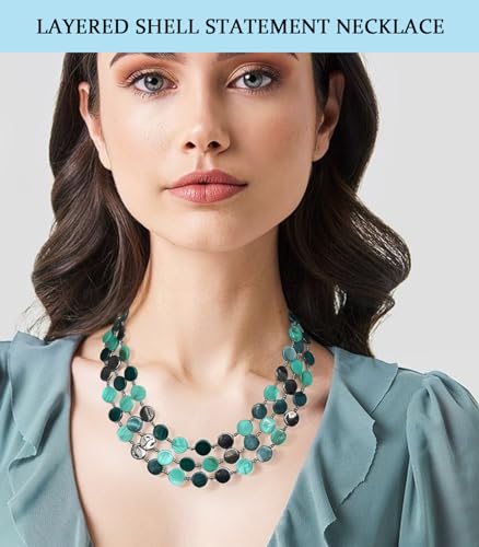Noessla Layered Beaded Chunky Necklace for Women Boho Two-color Shell Statement Necklace Fashion Collar Costume Jewelry Gifts for Mum - color: Green