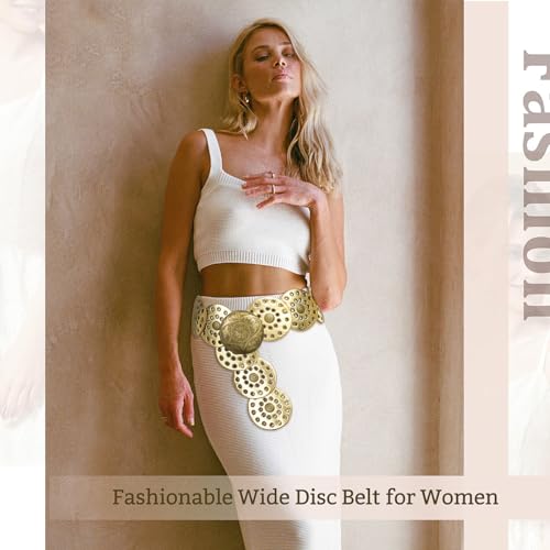Wide Disc Belt for Women Vintage Leather Hollow Out Round Belt Western Waist Belt - color: Copper Gold, size: S (39.7 in)