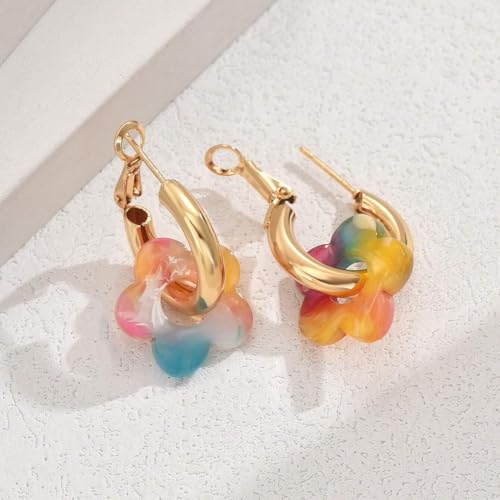 Chunky Acrylic Gold Small Flower Hoop Huggie Earrings, Colorful Boho Ear Piercing Dangle Drop Earrings, Dainty Chic Charm Jewelry Gift - color: Colored