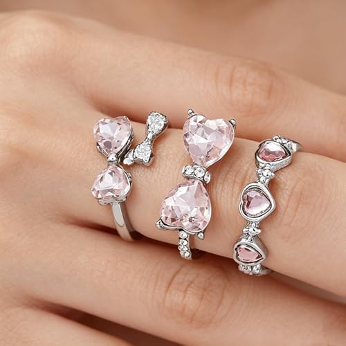 Bow Ring Set for Women Silver Stacking Adjustable Pink Heart Bow Rings Stacking Boho Statement Wedding Engagement Ring Anniversary Birthday Gifts - color: A
