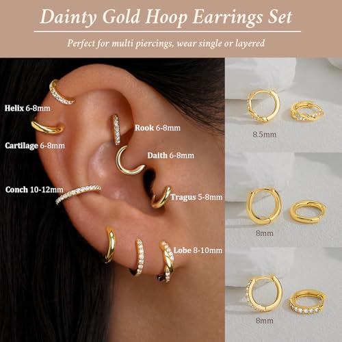 Poxtex Small Sterling Silver Huggie Hoop Earrings Set for Women, Hypoallergenic 14K Gold Plated Hoops Stacks for Multiple Piercings, Dainty Cute Mini Lightweight Cartilage Studs Trendy Jewelry Gift - color: Gold-twisted hoop