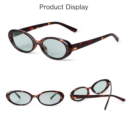 90s Sunglasses for Women Men Retro Small Oval Sunglasses - color: Tortoise Shell Frame - Teal Green Lens