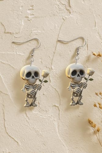 Halloween Skeleton Earrings for Women – Cute Spooky Skull Dangle Earrings with Red Rose, Gothic Creepy Cute Acrylic Statement Jewelry - color: Romantic Skeleton with White Rose