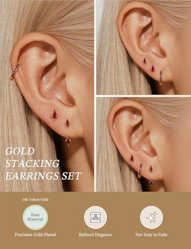 GEORGE · SMITH Stackable Kite Stud Earrings Set for Women, Gold & Silver Huggie Birthstone Jewelry with Emerald Green & Blue Sapphire, Trendy Earrings for Women 2025 - color: Gold,Red CZ