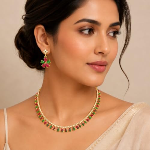 JewarHaat Indian Bollywood Necklace Set AD CZ Elegant Gold Plated Multi Stones Sparkling Crystals Choker with Earrings Fashion Jewellery for Women & Girls - color: Red-Green